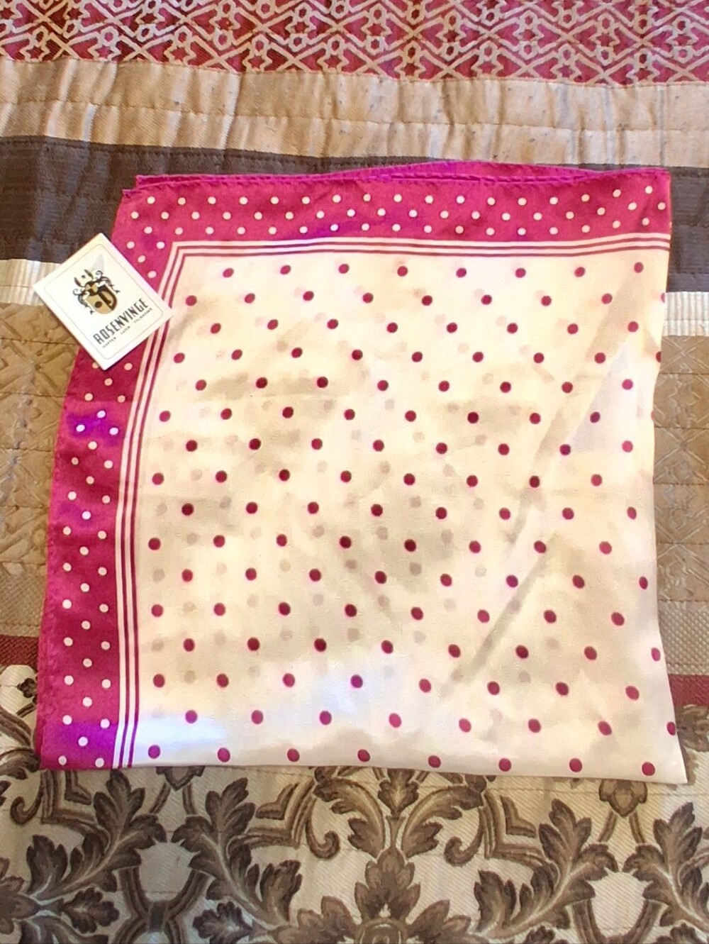 Polka Dot Pink White Scarf 100% Silk Women  Square Neck Tie Romantic Feminine